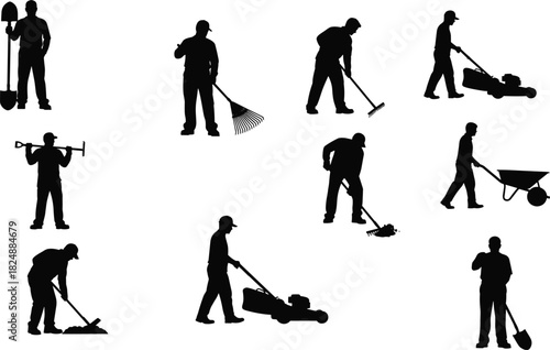 Gardening and landscaping worker silhouettes with tools, outdoor maintenance and lawn care activities, lifestyle illustration, cad drawing flat vector illustration