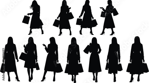 Fashion woman silhouettes with shopping bags, stylish poses and retail lifestyle concept, fashion marketing illustration, cad drawing flat vector illustration