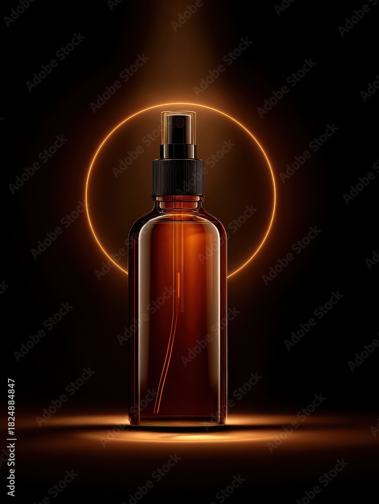 Naklejka premium amber oil spray bottle mockup with dramatic circular spotlight effect