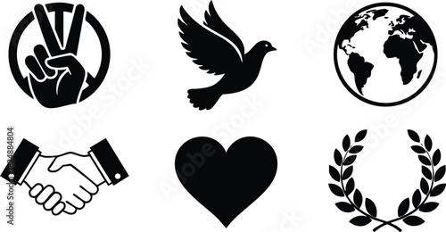 Peace and unity symbols black icons set illustration