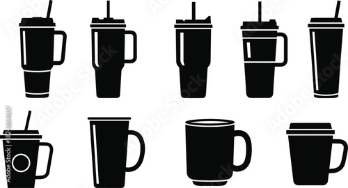 Silhouette, insulated tumbler, travel mug, coffee cup, reusable drinkware, straw cup, modern beverage container, eco friendly design, black white illustration, collection