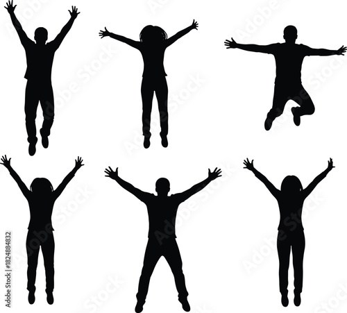 Silhouette, jumping people, celebration pose, happy crowd, dancing figures, energetic movement, freedom concept, teamwork joy, success expression, black white illustration, collection