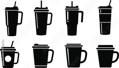 Silhouettes of drinking cups and mugs with lids and straws, beverage container design icons, lifestyle illustration, cad drawing flat vector illustration