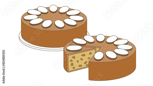 A whole round cake and a sliced cake decorated with white oval toppings rest on a white background.