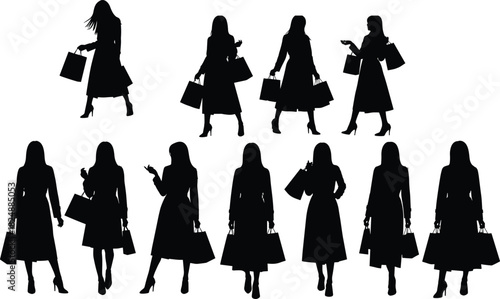 Women shopping silhouettes, fashion lifestyle illustration, female shoppers with bags, retail consumerism concept, stylish women walking, modern shopping design vector