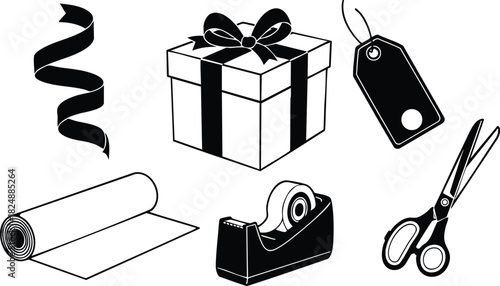Gift wrapping tools set with ribbon box tape tag and scissors vector illustration