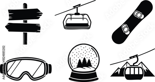 Skiing and winter sports icons set in black silhouette vector