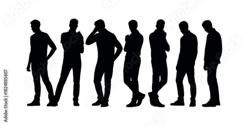 A diverse group of male silhouettes stands against a stark white background in various contemplative poses.