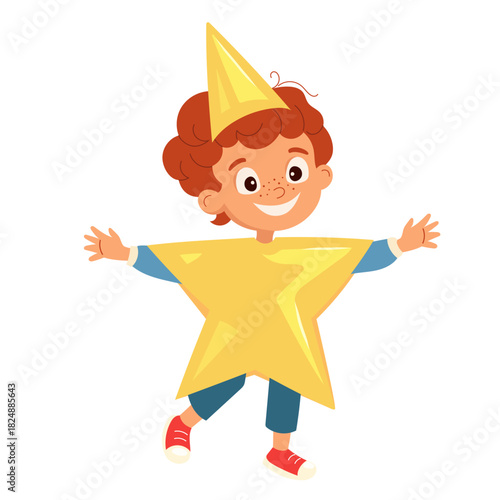 Happy cartoon boy in bright star costume posing with open arms. Fun festive character in party outfit for kids winter poster, Christmas card, party invitation. Joyful vector holiday illustration