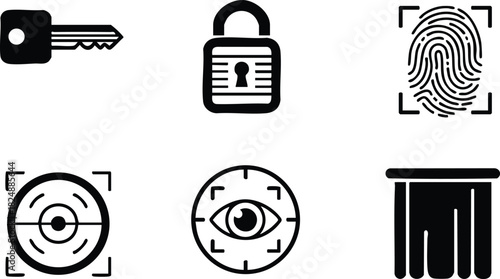Security icons including key lock fingerprint eye and curtain vector illustration