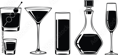 Black and white vector illustration of assorted alcoholic drinks and glassware
