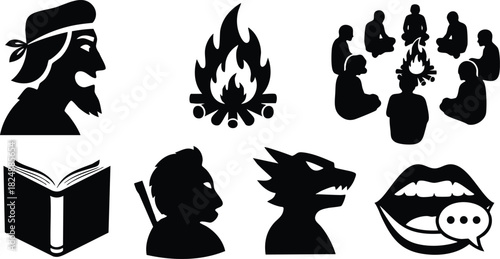 Native american silhouette icons with campfire and storytelling elements
