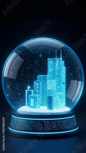 Digital cityscape in a futuristic snow globe with falling binary code, technology concept for virtual reality or metaverse presentation Vertical video