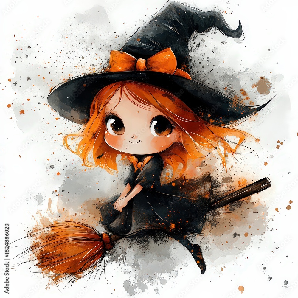A cute little witch with a broom, hand-painted in a fancy watercolor style, perfect for children's drawings for Halloween and autumn.