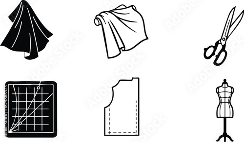 Sewing and tailoring tools vector icons set including fabric scissors measuring mat pattern and dress form