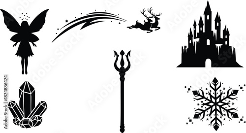 Fairy silhouette with magic wand castle crystal snowflake and reindeer vector set