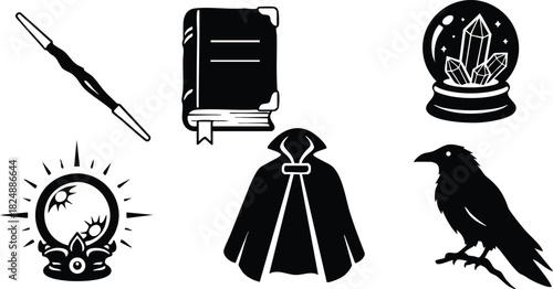 Magic wand book cloak crystal ball crow mystic vector illustration