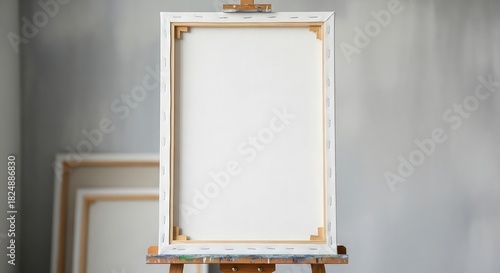 Blank canvas on wooden easel stands in art studio against gray wall background