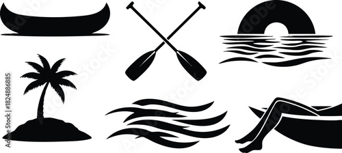 Silhouette collection of tropical island and water leisure elements vector illustration