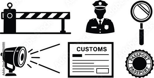 Customs border control icons with officer passport and security elements