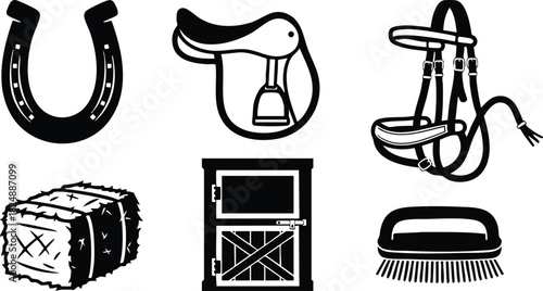 Western cowboy equipment vector set with horseshoe saddle and hay