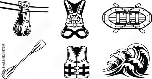 Nautical equipment with life jackets waves and oars vector illustration