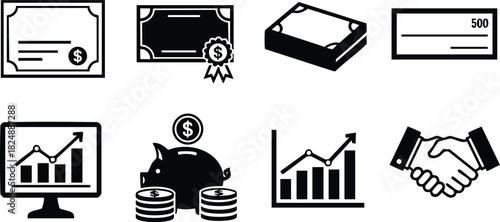 Financial icons including certificate money book check graph piggy bank and handshake vector illustration