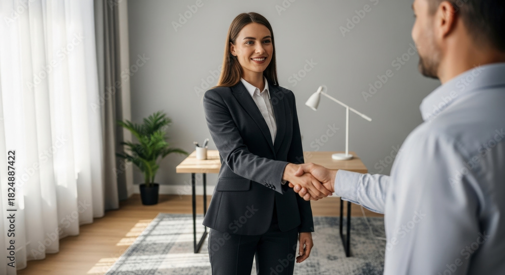 Obraz premium Lawyer female, A young Caucasian woman in a black suit shakes hands with a man in a light blue shirt in a modern office setting. A desk and lamp are visible in the background.