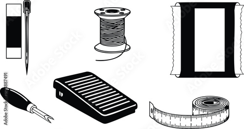 Sewing tools vector set including needle thread spool and measuring tape