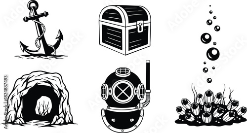 Vintage black and white underwater diving icons set anchor treasure chest cave helmet and coral