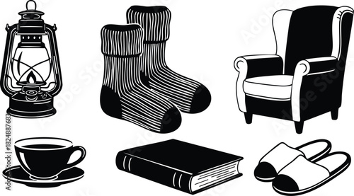 Vintage lantern socks armchair cup book slippers black silhouette set