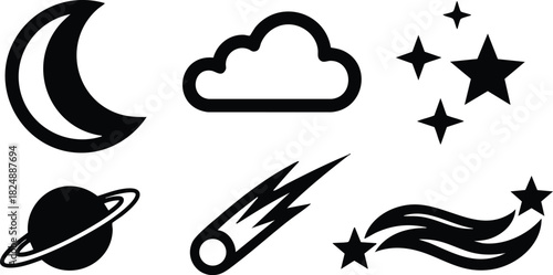 Space icons set moon cloud stars planet comet vector illustration