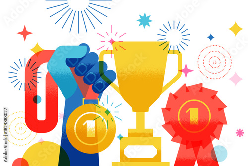 Vector gold medal in hand, champion trophy cup. Award prize design elements championship winners, ranking, competitions