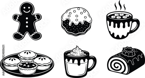 Black and white vector of gingerbread man cupcakes coffee and pastry items