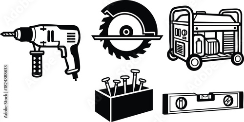 Construction tools set vector illustration with drill saw generator and nails box