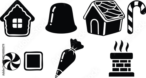 Christmas holiday icons with gingerbread house chimney candy and bell silhouette
