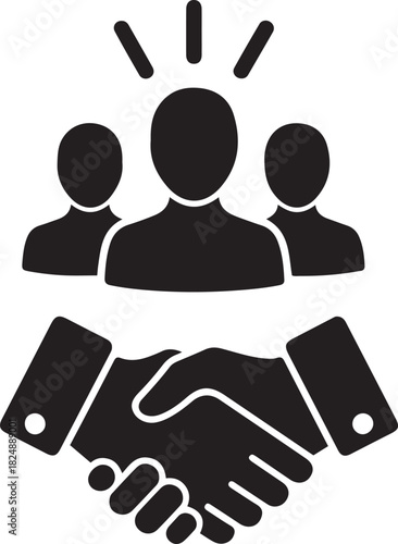 Black icon of three people figures with radiating lines above one figure and two hands shaking below