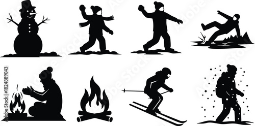 Winter activities silhouette set with snowman campfire skiing and hiking