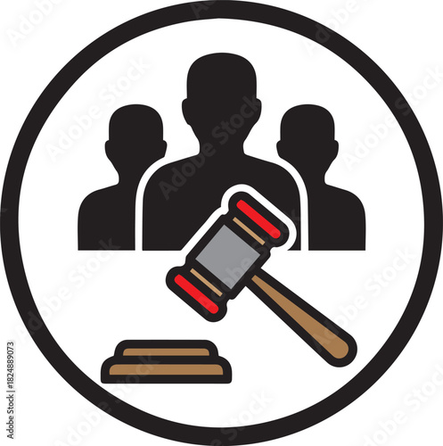 Black silhouette figures of three people behind a gavel and sounding block in a circular frame judge