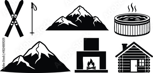 Winter mountain cabin with skis fireplace and hot tub icons vector