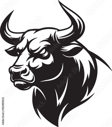 Bold black bull head silhouette in a stylized graphic design on a clean white background