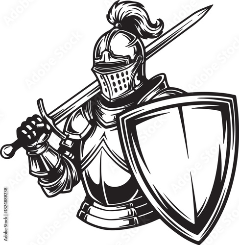 Detailed black and white line art illustration of a medieval knight in full armor from the waist up
