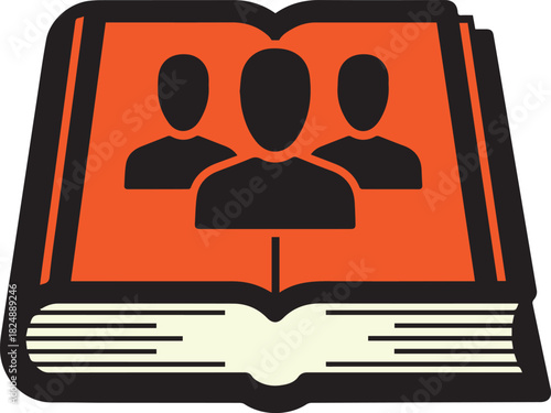 Open book with three black silhouette figures on orange background and cream pages silhouettes people