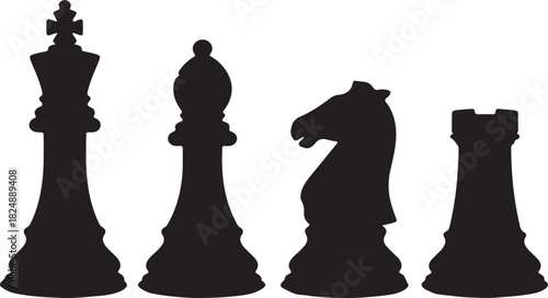 High contrast black silhouette of six standard chess pieces in a row on white background