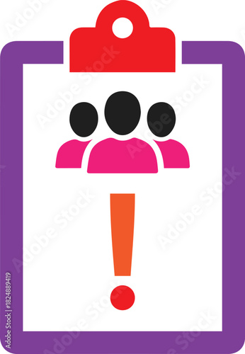 Red exclamation mark on clipboard with three black and pink people icons and purple border group team