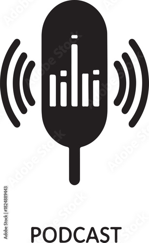 Minimalist black icon representing a podcast on a clean white background perfect for digital media and broadcasting