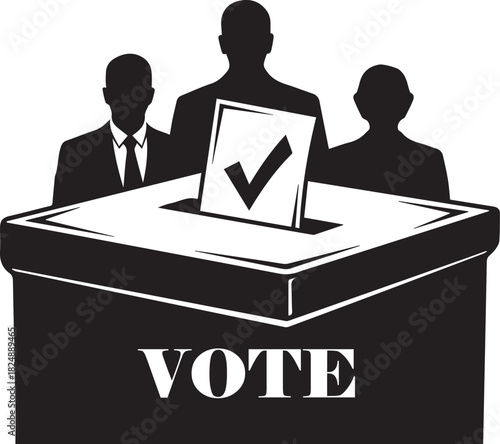 Silhouette of three people behind a ballot box with a checkmark on a ballot and the word V O T E vote