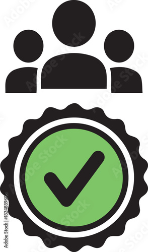 Three black human figures above a green circle with a black checkmark and a black scalloped border group