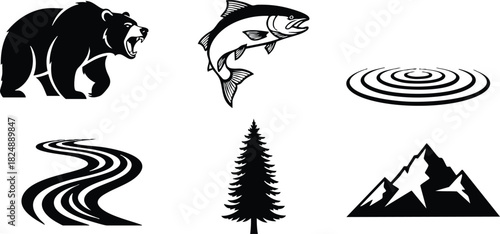 Wild animal river mountain pine tree and ripple vector icons