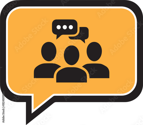 Three black silhouette figures in conversation inside a yellow speech bubble with black outline discussion
